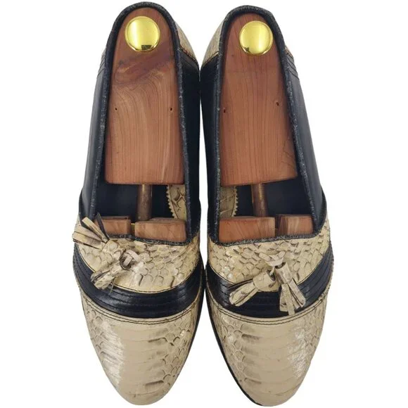 Vintage NEW Exotic Snakeskin 10.5D Dress Shoes Natural Cream Black Tassel Loafer - Picture 2 of 11
